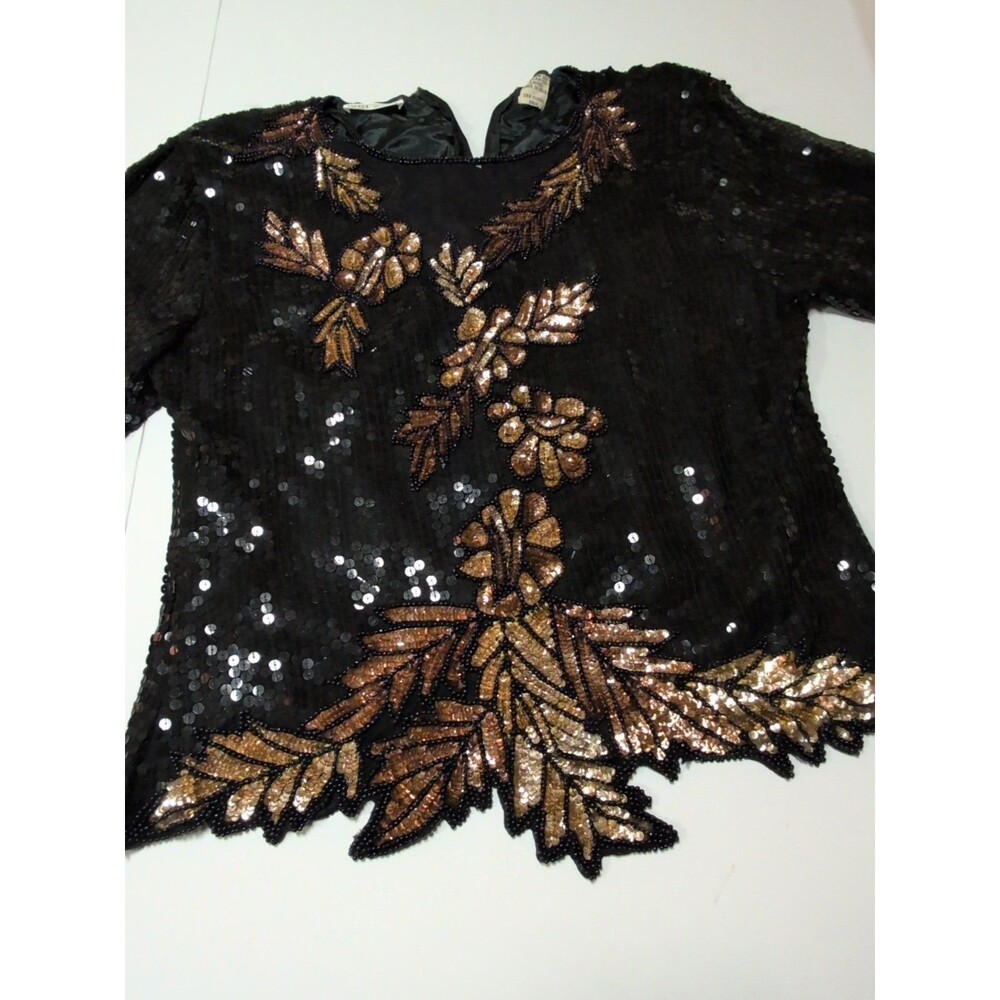 Vintage Sequin and Beaded Evening Blouse Top‎ Shirt Black Gold Size L Estimated